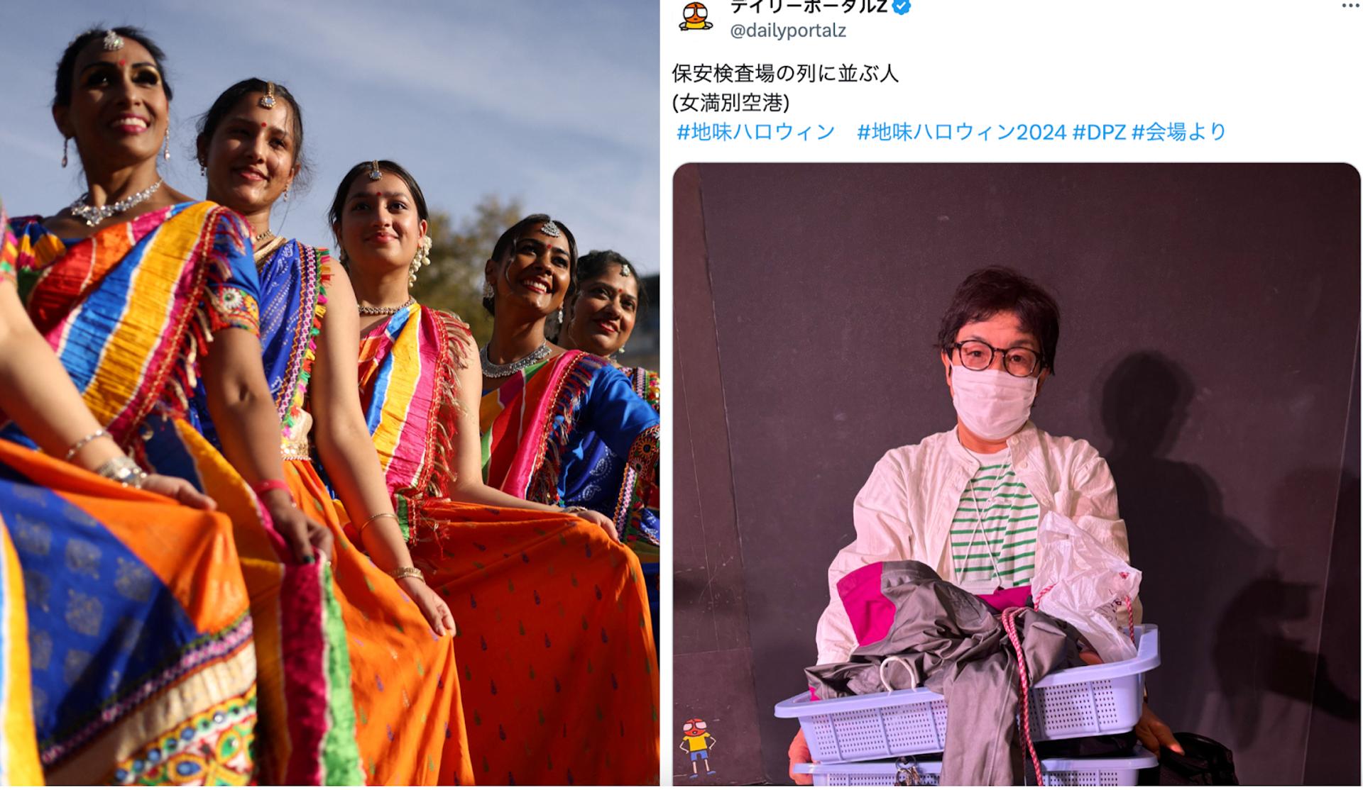 Dancers celebrating Diwali (left) and an example of Japan’s “mudane Halloween” costume.