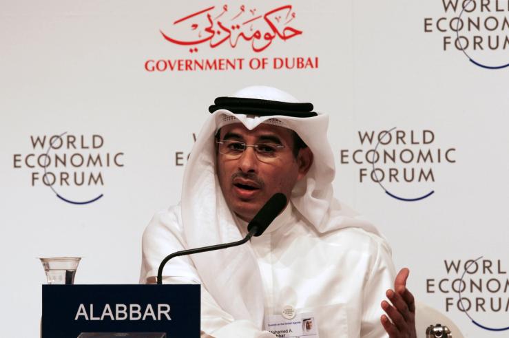 Mohamed Alabbar talks during news conference at the World Economic Forum in Dubai.