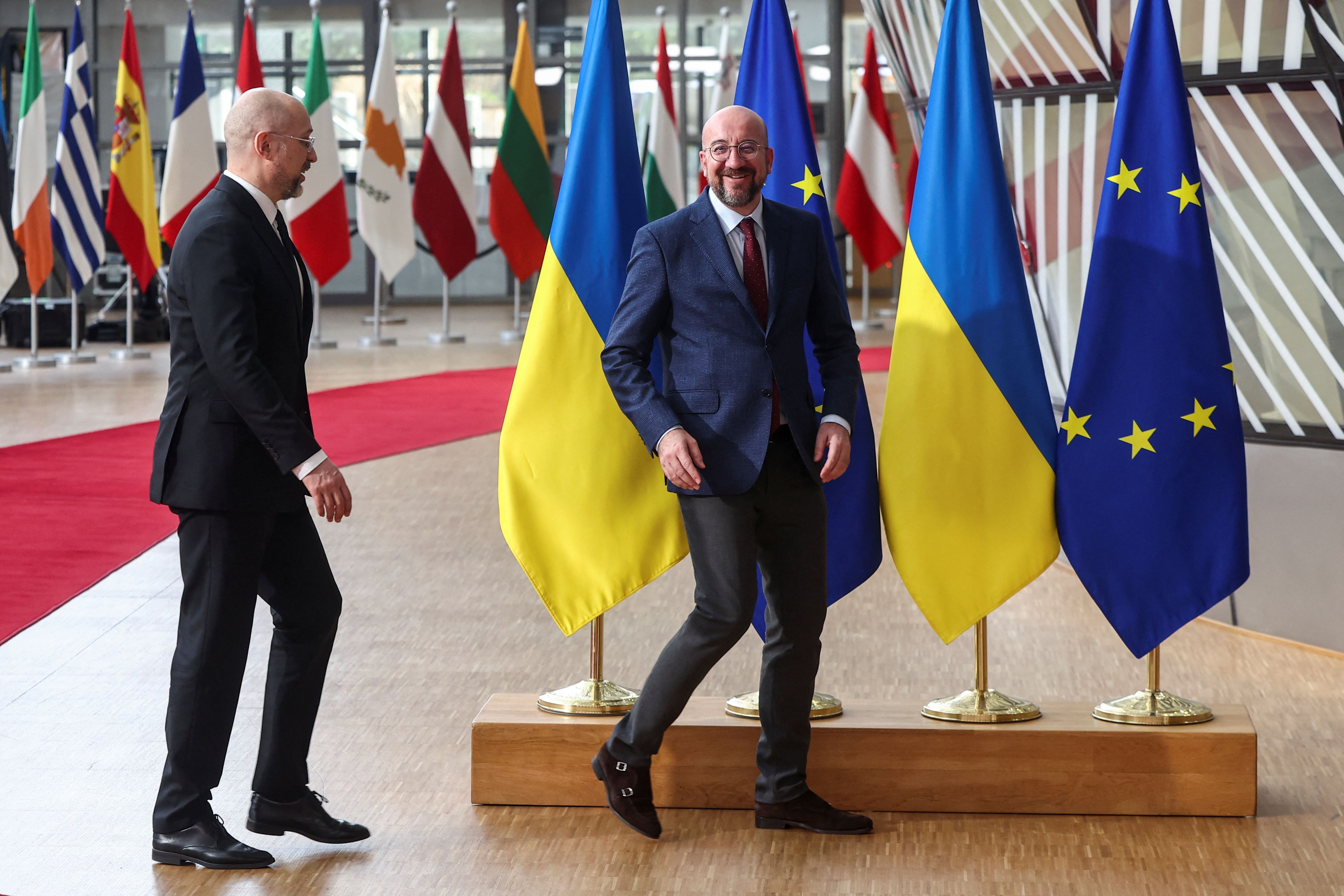 European Council President Charles Michel reacts as he meets Ukraine’s Prime Minister Denys Shmyhal on the day of EU-Ukraine Association Council in Brussels, Belgium March 20, 2024. REUTERS/Yves Herman
