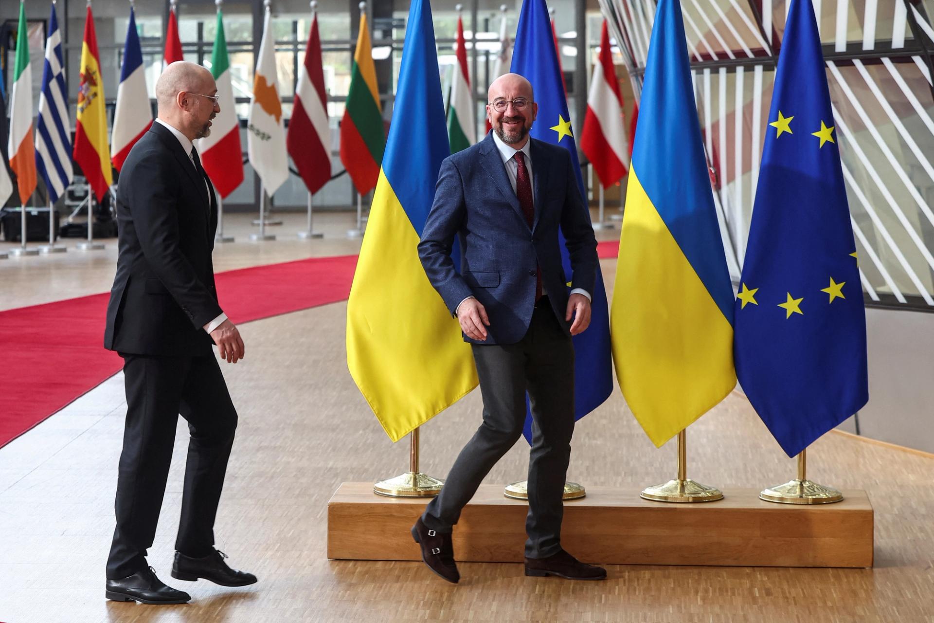 European Council President Charles Michel reacts as he meets Ukraine's Prime Minister Denys Shmyhal on the day of EU-Ukraine Association Council in Brussels, Belgium March 20, 2024. REUTERS/Yves Herman