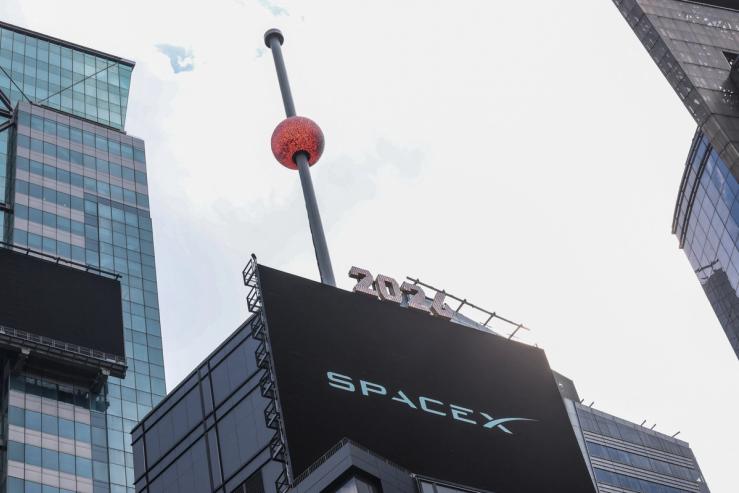 The SpaceX logo outside of the Nasdaq index after the company’s IPO.