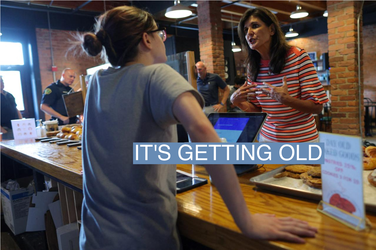 Republican presidential candidate and former U.S. Ambassador to the United Nations Nikki Haley talks to Abigail Pedro during a campaign stop at The Moon Bakery and Cafe in Lincoln, New Hampshire, U.S., July 7, 2023