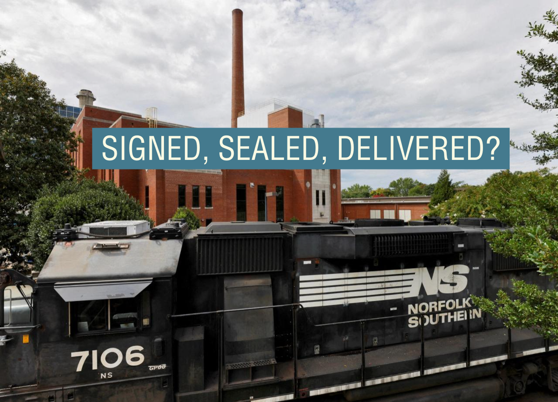 A Norfolk Southern train rests near the University of North Carolina’s energy generation plant.