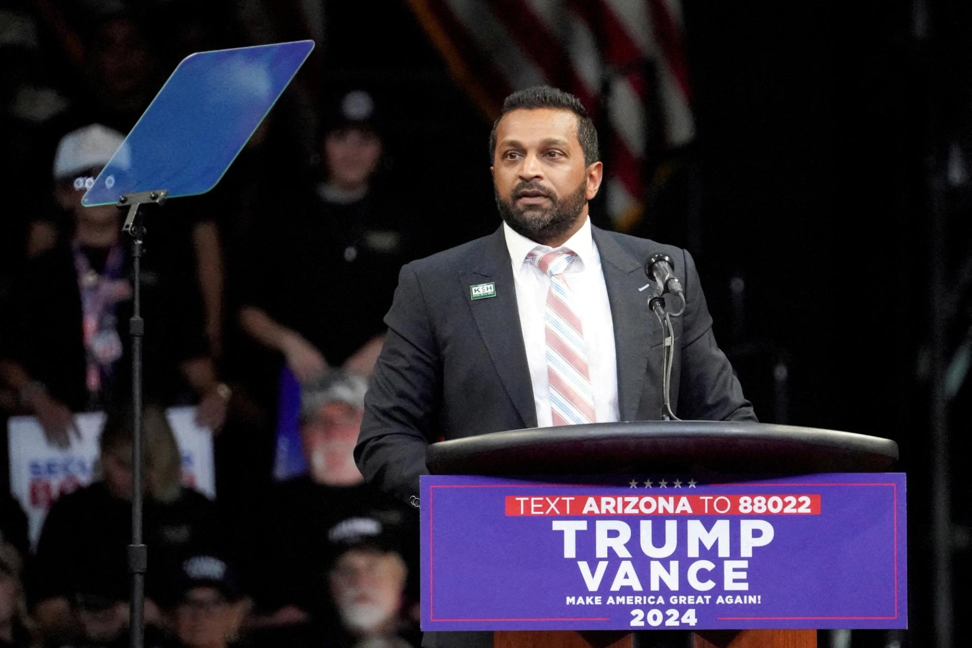 Kash Patel speaks at a Trump rally.