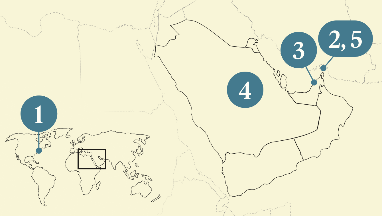 A numbered map of the Gulf region.