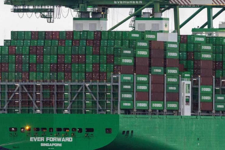 Shipping containers are stacked on a cargo ship at the port of Oakland following the Supreme Courtâs ruling that Trump had exceeded his authority when he imposed tariffs, in Oakland, California, US