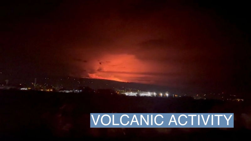 A general view of Hawaii's Mauna Loa volcano, in Kailua-Kona, Hawaii, U.S., November 28, 2022 in this screen grab taken from a social media video. 
