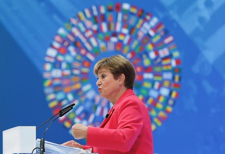 International Monetary Fund (IMF) Managing Director Kristalina Georgieva delivers remarks on the global economy in April 2025.