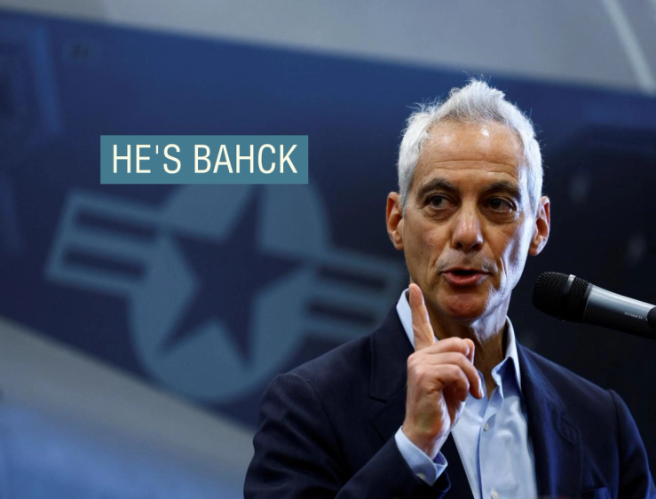 Former Ambassador to Japan Rahm Emanuel making a speech on USS George Washington in November 2024.