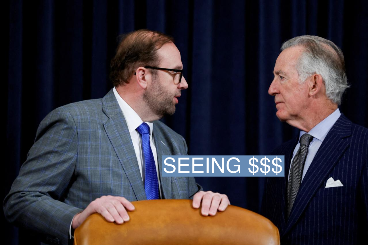 U.S. House of Representatives Ways and Means Committee Chairman Jason Smith (R-MO) speaks with Representative Richard Neal (D-MA) on Capitol Hill in Washington, U.S., March 10, 2023.