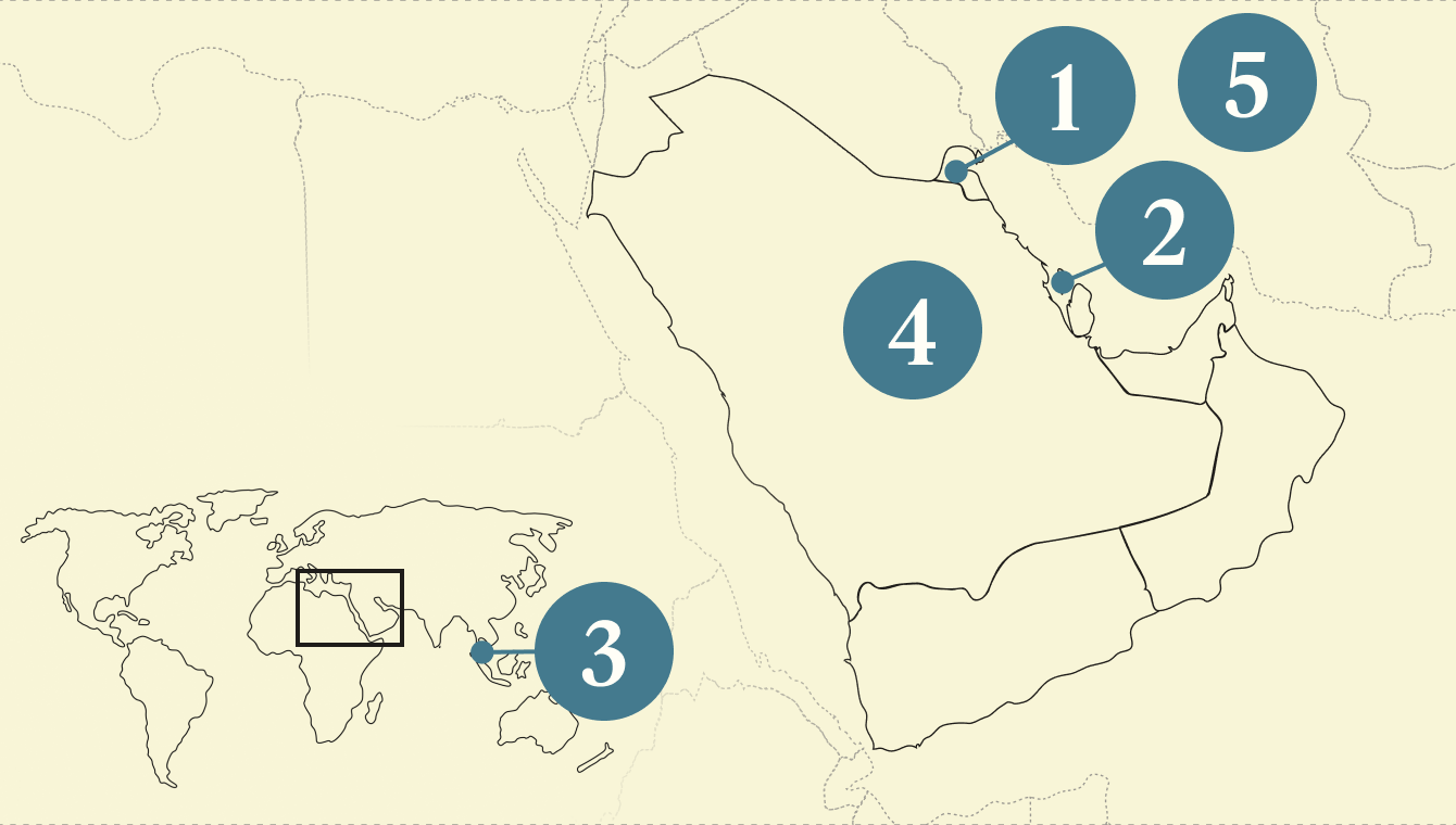 A numbered map of the Gulf region.