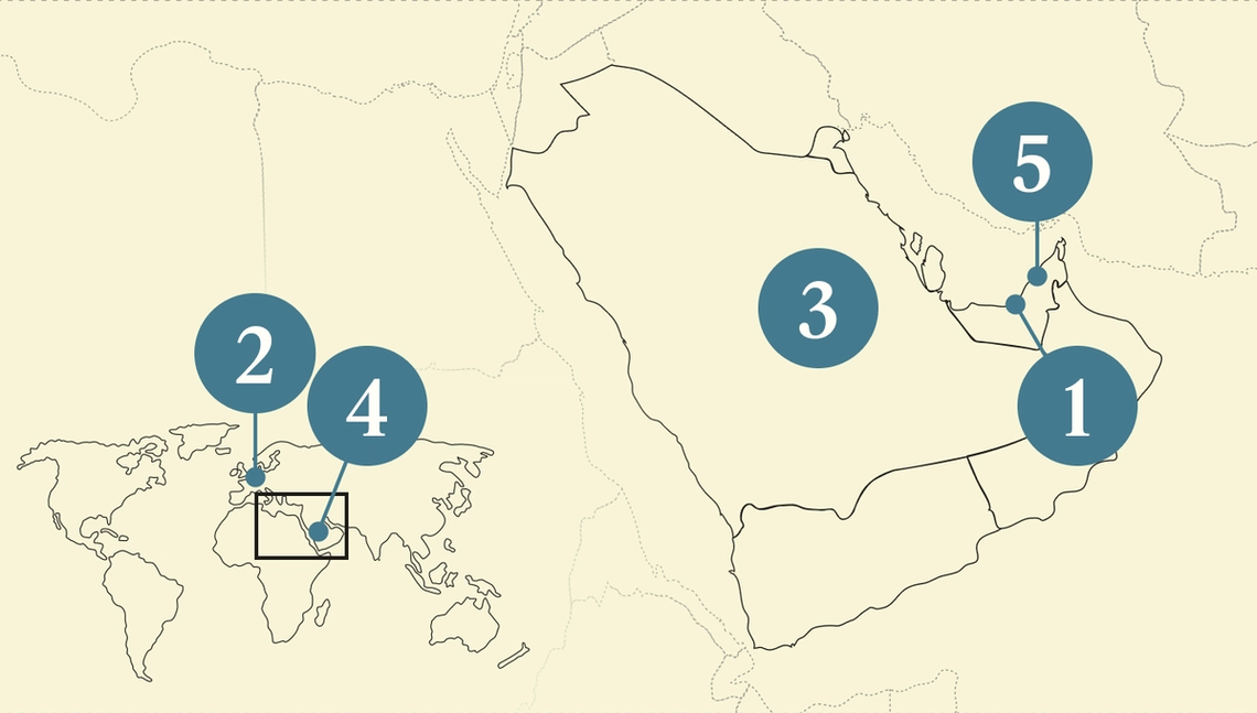 A numbered map of the Gulf region.
