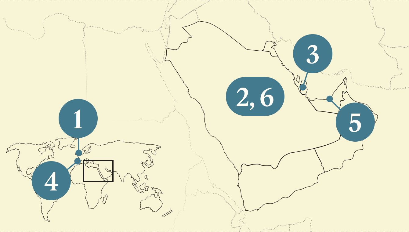 A numbered map of the gulf region.