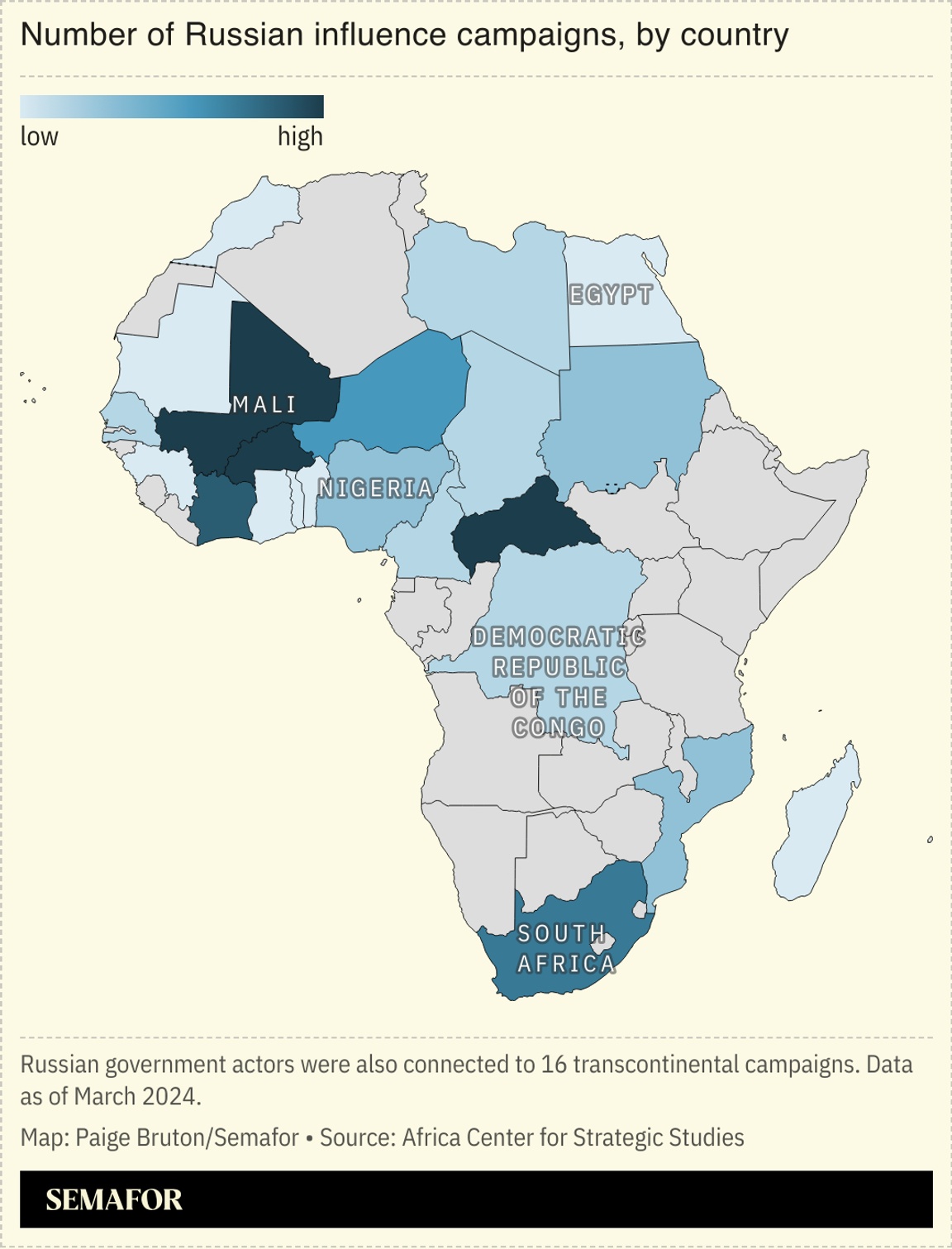 A map showing the presence of Russian influence campaigns by country in Africa.