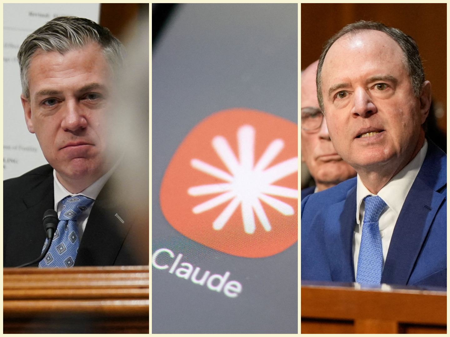 Jim Banks, the Claude logo, and Adam Schiff
