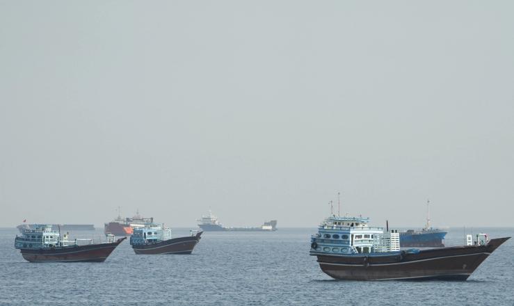 Vessels sail through the Strait of Hormuz.