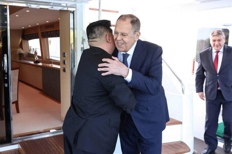 North Korean leader Kim Jong Un greets Russian Foreign Minister Sergei Lavrov during a meeting in Wonsan, North Korea July 12, 2025.