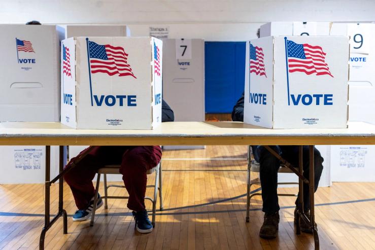 Voters at a polling station in Lansing, MI, USA.