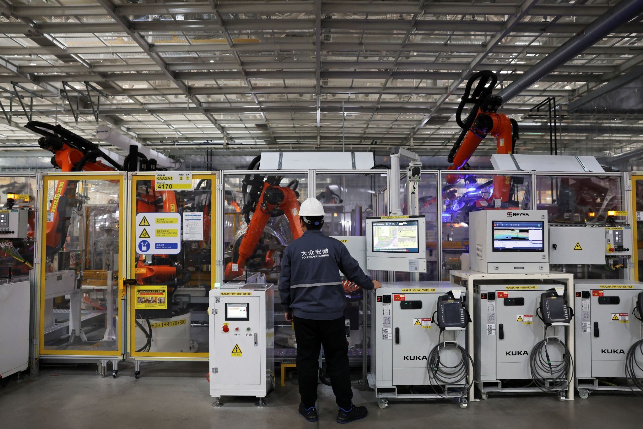 Electric vehicle production line at Volkswagen factory in Hefei