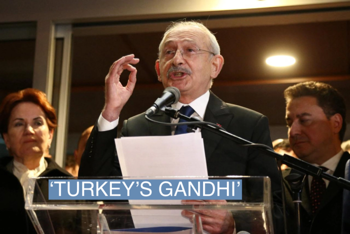 Turkey's main opposition Republican People's Party (CHP) leader Kemal Kilicdaroglu, accompanied by IYI Party leader Meral Aksener and DEVA Party leader Ali Babacan, talks to media following a meeting of the opposition alliance in Ankara, Turkey March 6, 2023. REUTERS/Cagla Gurdogan