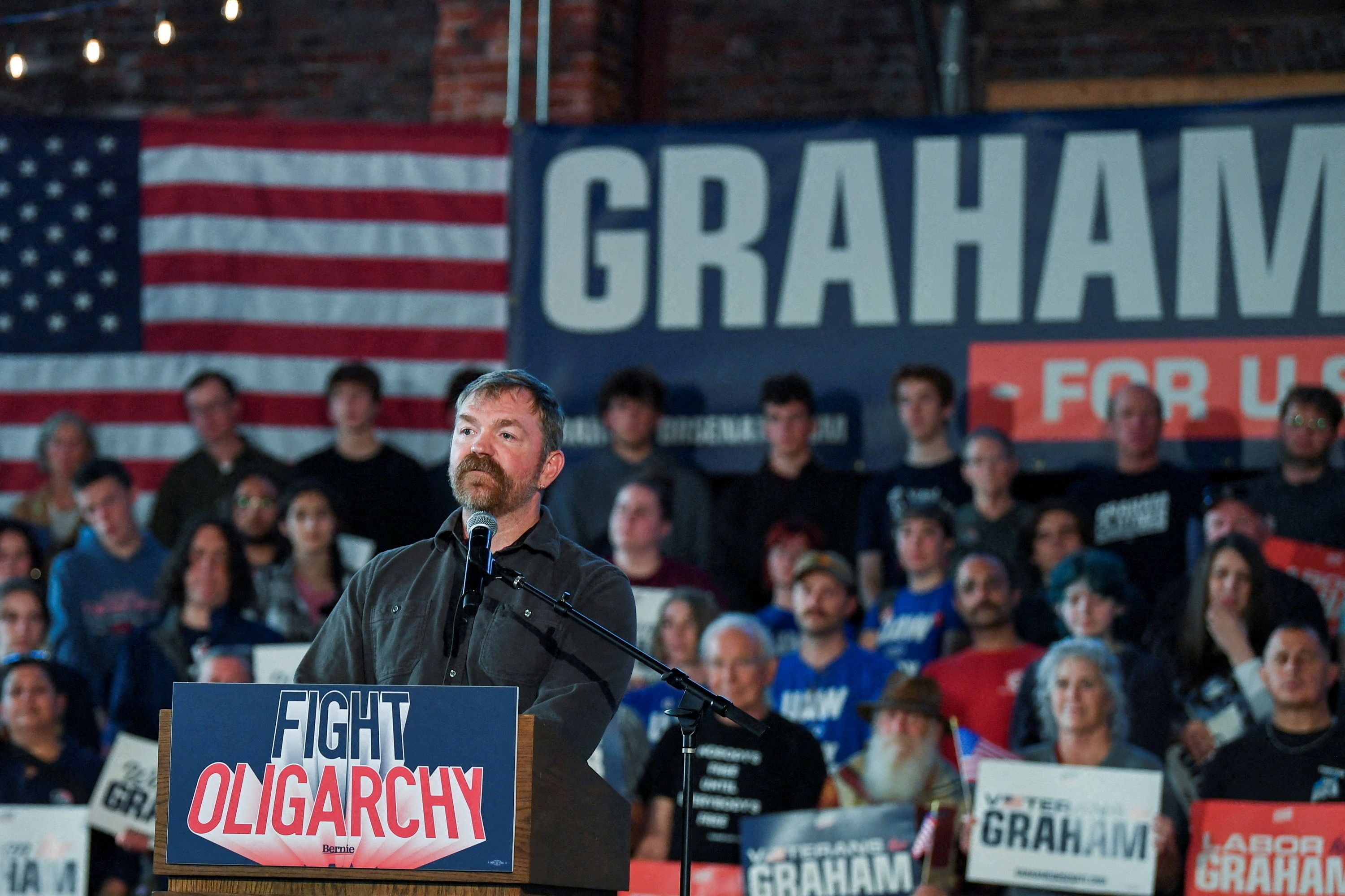 Graham Platner, Democratic candidate for U.S. Senate in Maine, speaks during a “Fighting Oligarchy” campaign rally with U.S. Senator Bernie Sanders (I-VT) in Portland, Maine.