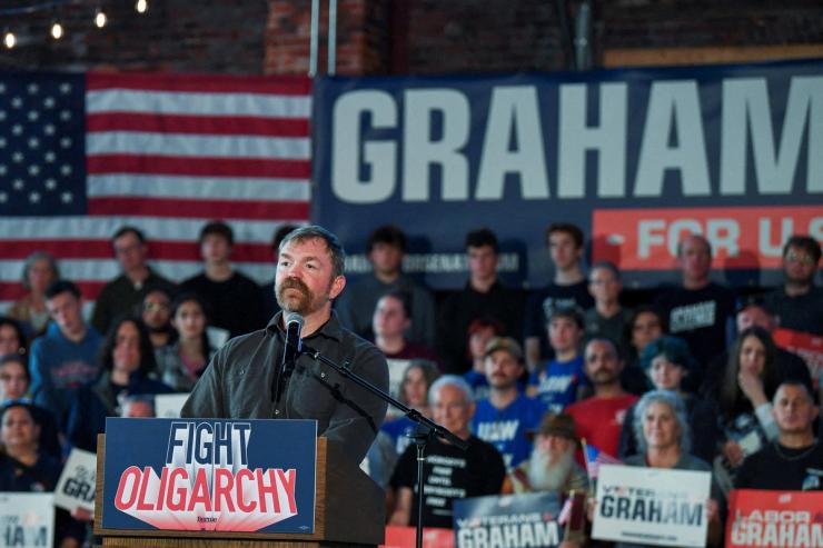 Graham Platner, Democratic candidate for U.S. Senate in Maine, speaks during a “Fighting Oligarchy” campaign rally with U.S. Senator Bernie Sanders (I-VT) in Portland, Maine.