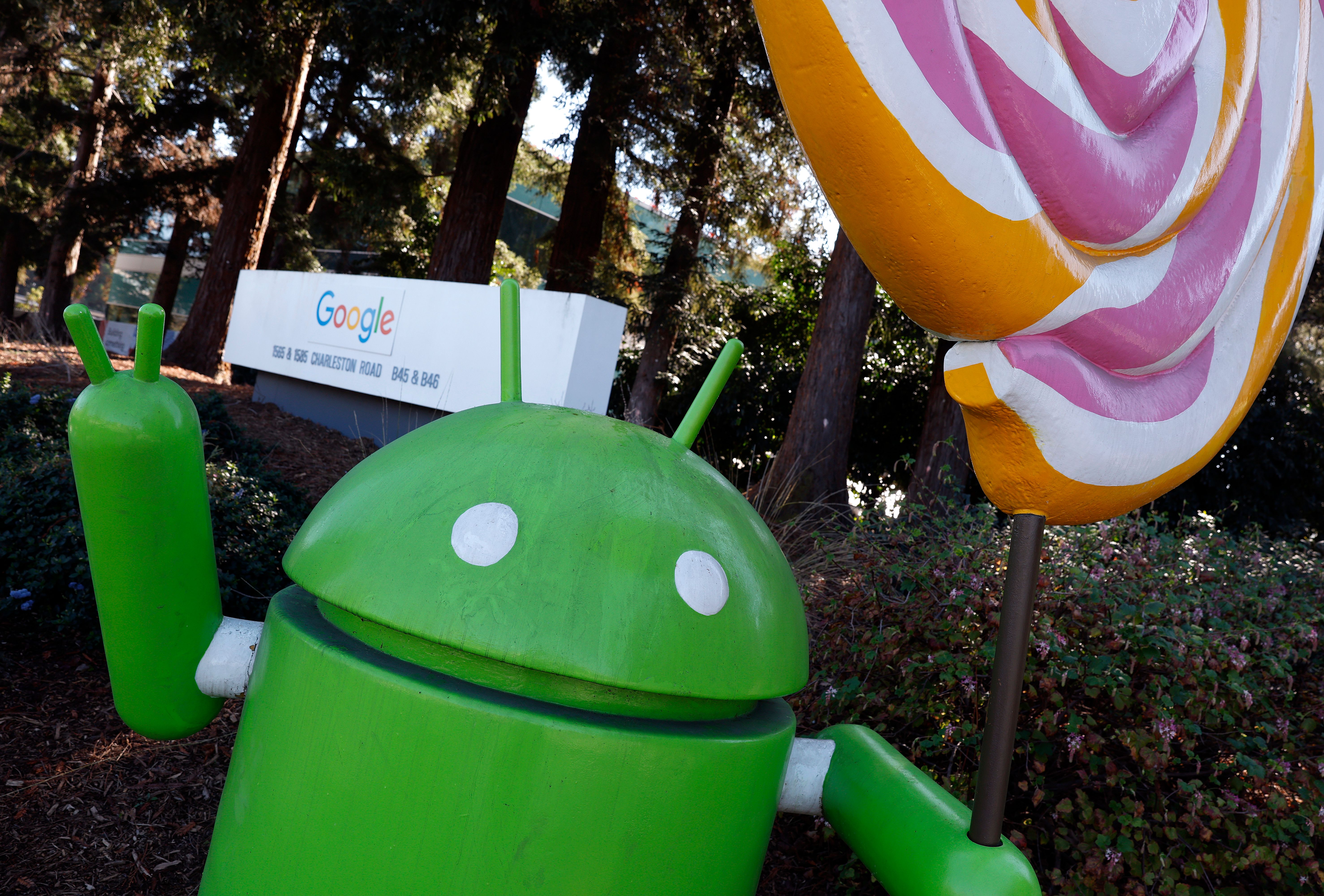 An Android character is displayed at Google headquarters on February 04, 2026 in Mountain View, California