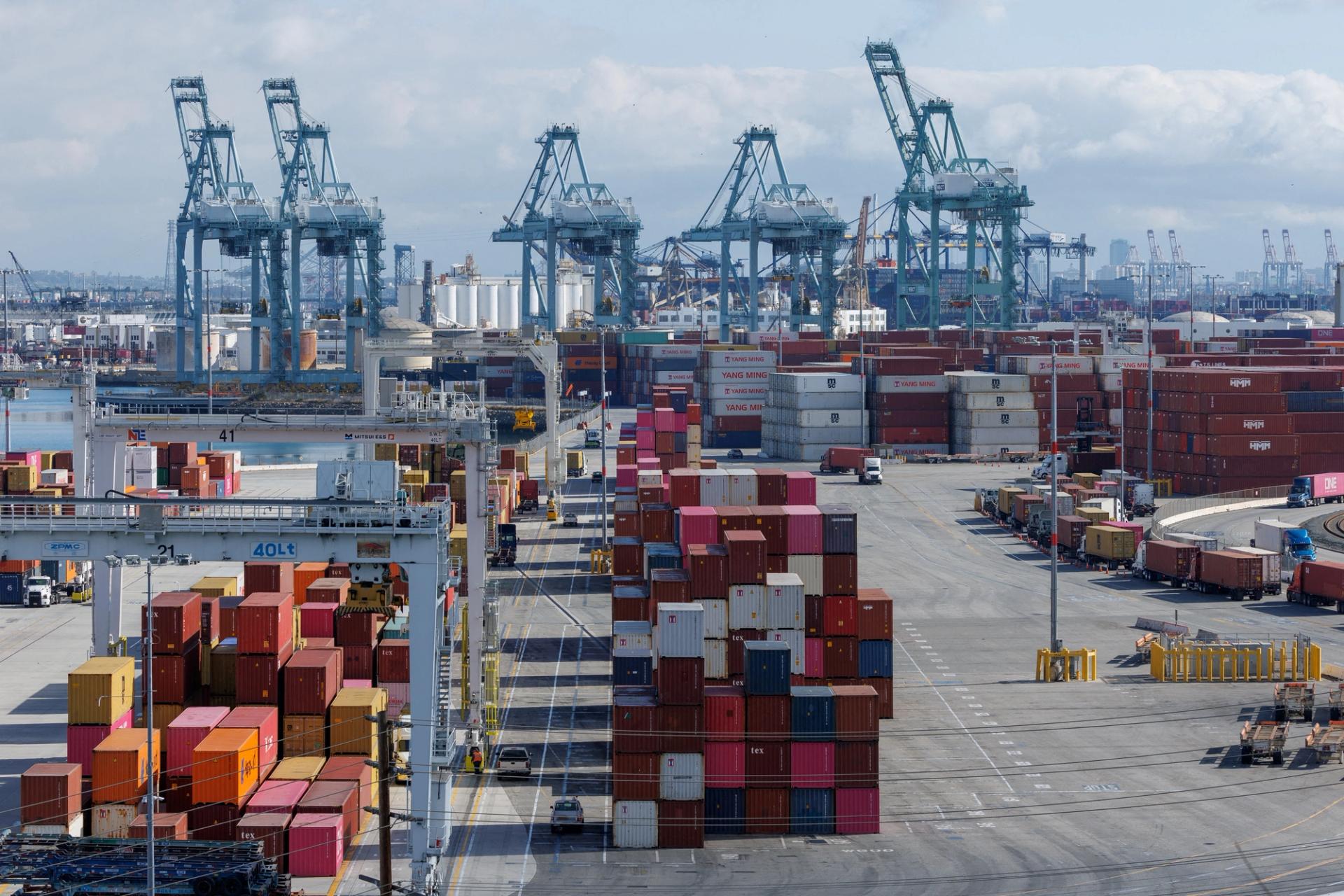 A drone view shows shipping containers from China in Wilmington, Delaware.