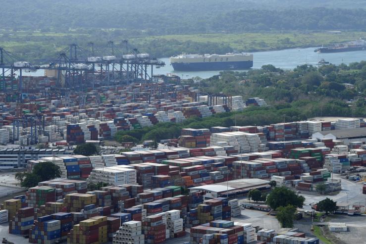 A ship sails through the Panama Canal.