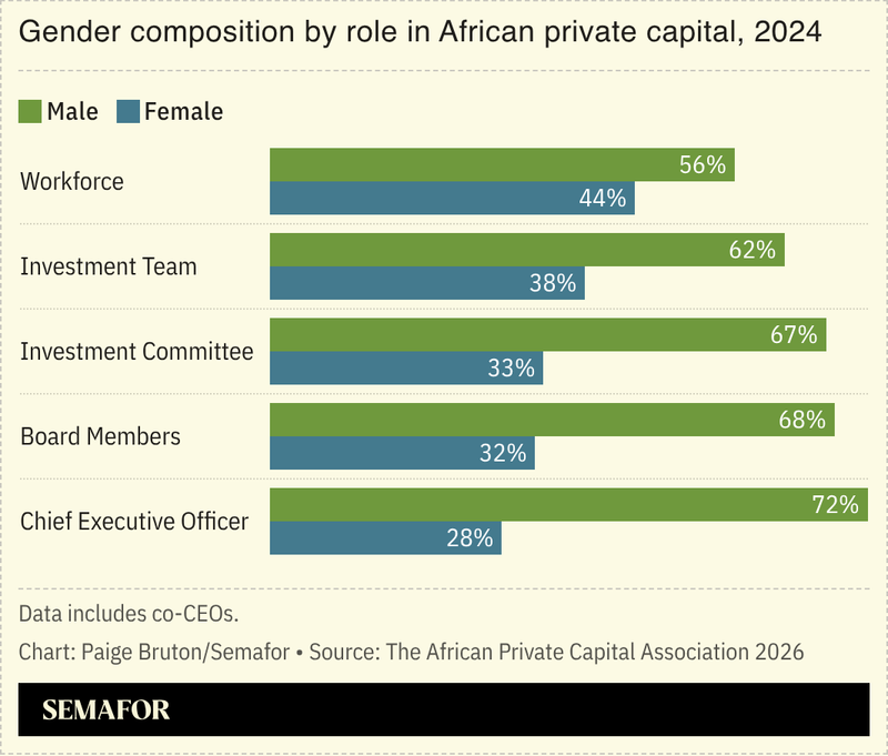 A chart showing the gender composition by role of African private capital, 2024.