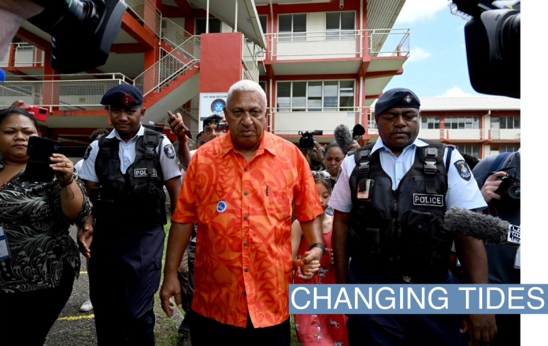 Fiji’s outgoing Prime Minister and Fiji First leader Frank Bainimarama leaves after voting at a polling station during the Fijian general election in Suva, Fiji, December 14, 2022
