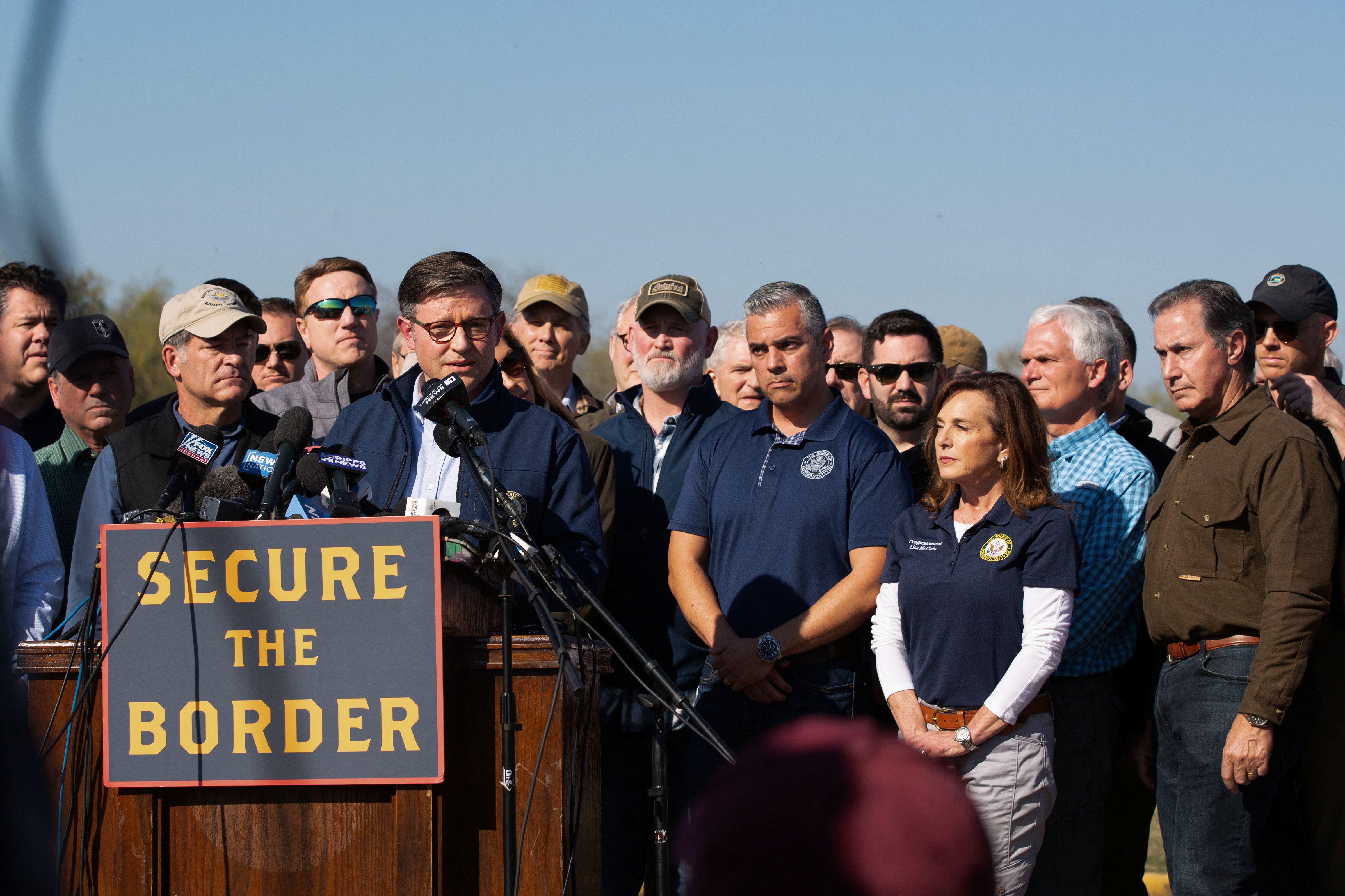 U.S. House Speaker Mike Johnson (R-LA) speaks at a press conference during a visit to a border town where migrants are arriving from Mexico to seek asylum, in Eagle Pass, Texas, U.S. January 3, 2024. REUTERS/Kaylee Greenlee Beal