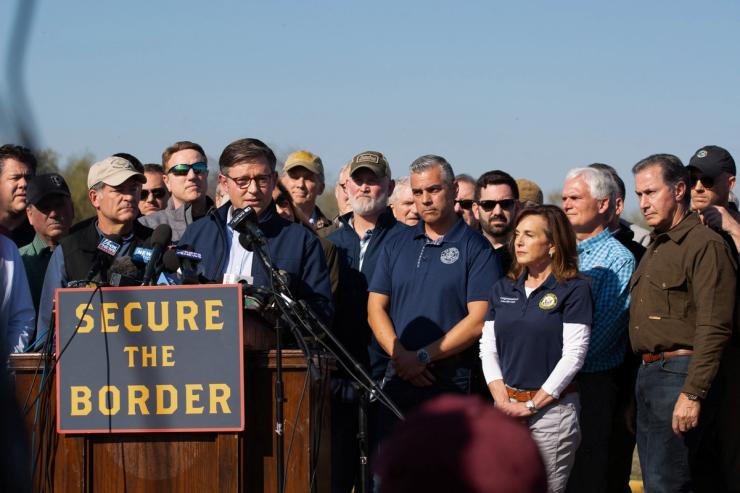 U.S. House Speaker Mike Johnson (R-LA) speaks at a press conference during a visit to a border town where migrants are arriving from Mexico to seek asylum, in Eagle Pass, Texas, U.S. January 3, 2024. REUTERS/Kaylee Greenlee Beal