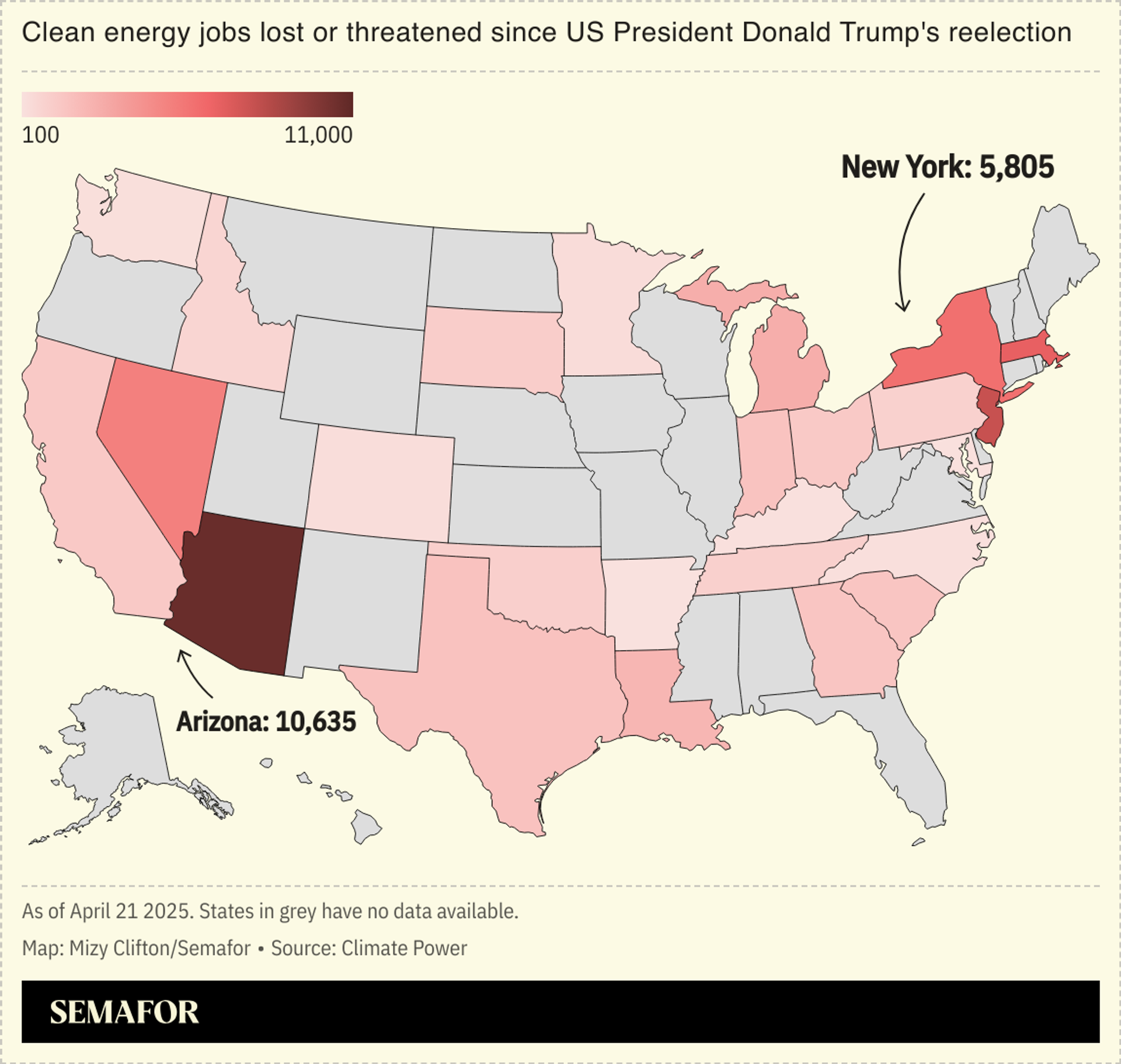 A chart showing clean energy jobs lost or threatened since US President Donald Trump’s reelection, by state. 