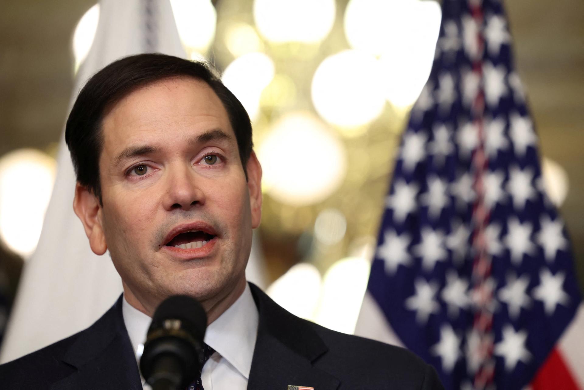 Marco Rubio speaks after he is sworn in as Secretary of State by U.S. Vice President JD Vance at the Eisenhower Executive Office Building in Washington, U.S., January 21, 2025.