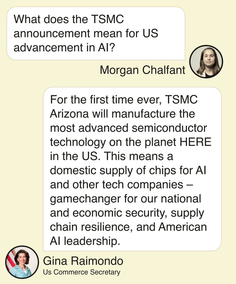 Morgan Chalfant: What does the TSMC announcement mean for US advancement in AI? Gina Raimondo, US Commerce Secretary: For the first time ever, TSMC Arizona will manufacture the most advanced semiconductor technology on the planet HERE in the U.S. This means a domestic supply of chips for AI and other tech companies – gamechanger for our national and economic security, supply chain resilience, and American AI leadership.