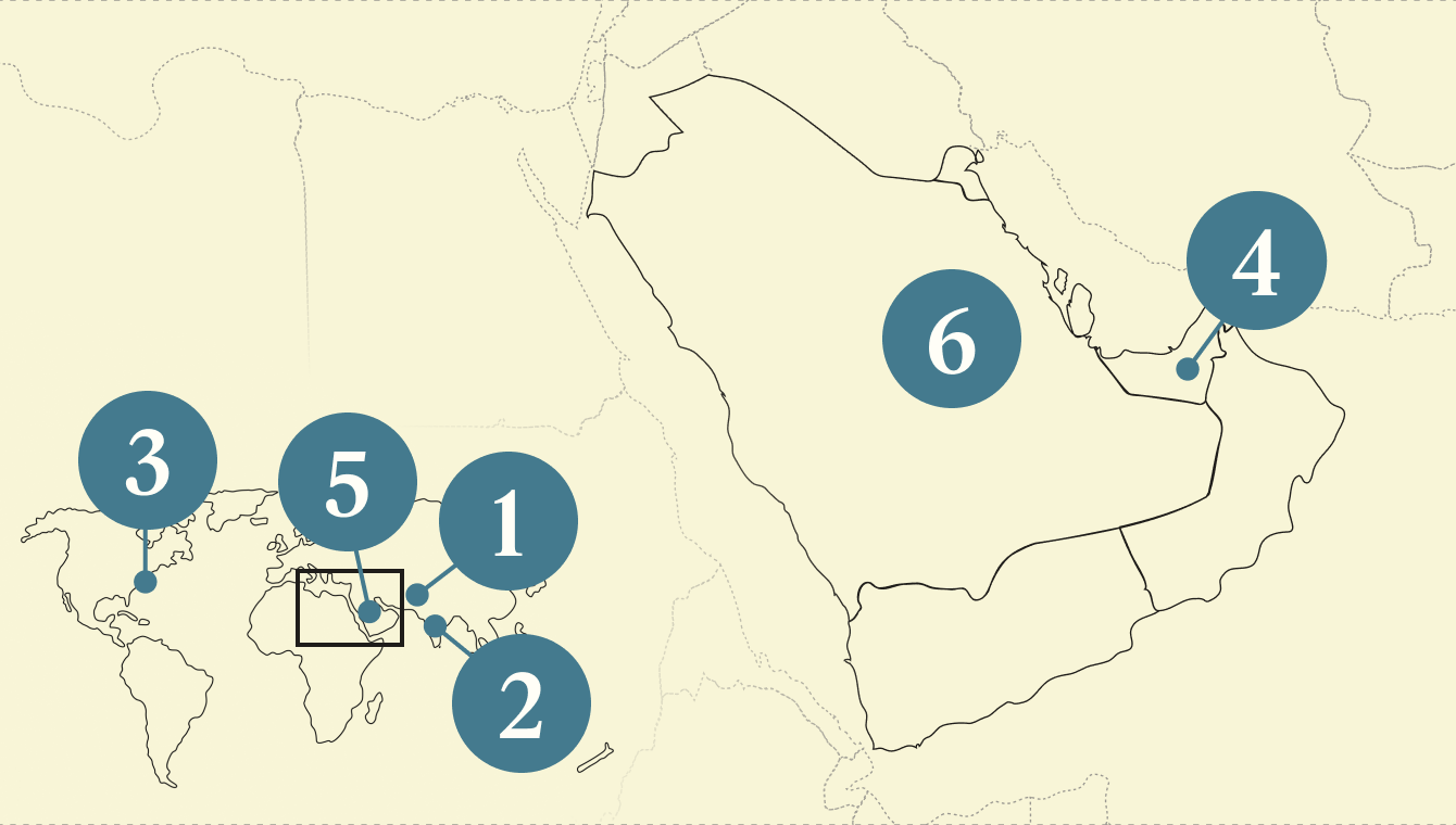 A numbered map of the Gulf region.