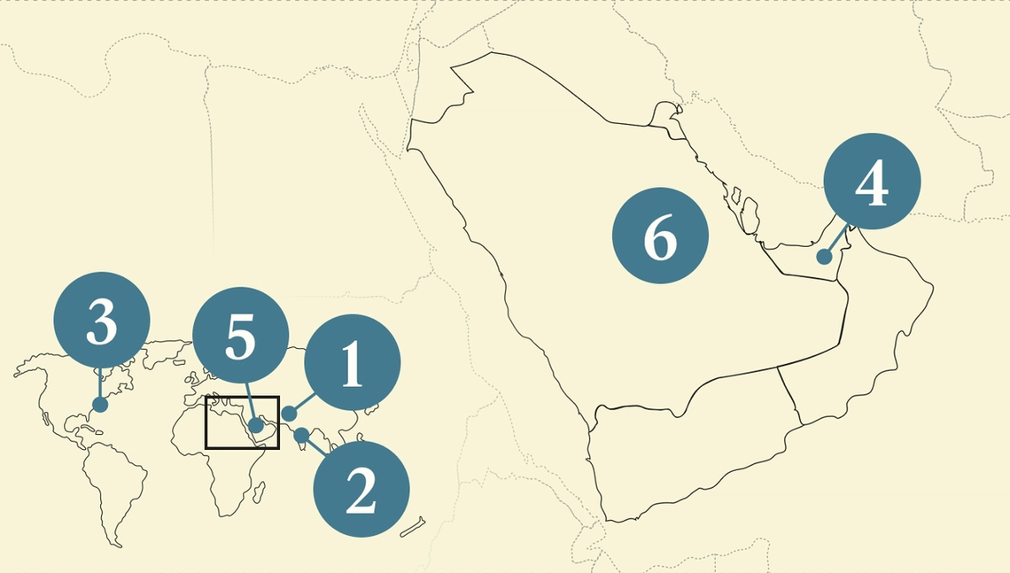 A numbered map of the Gulf region.