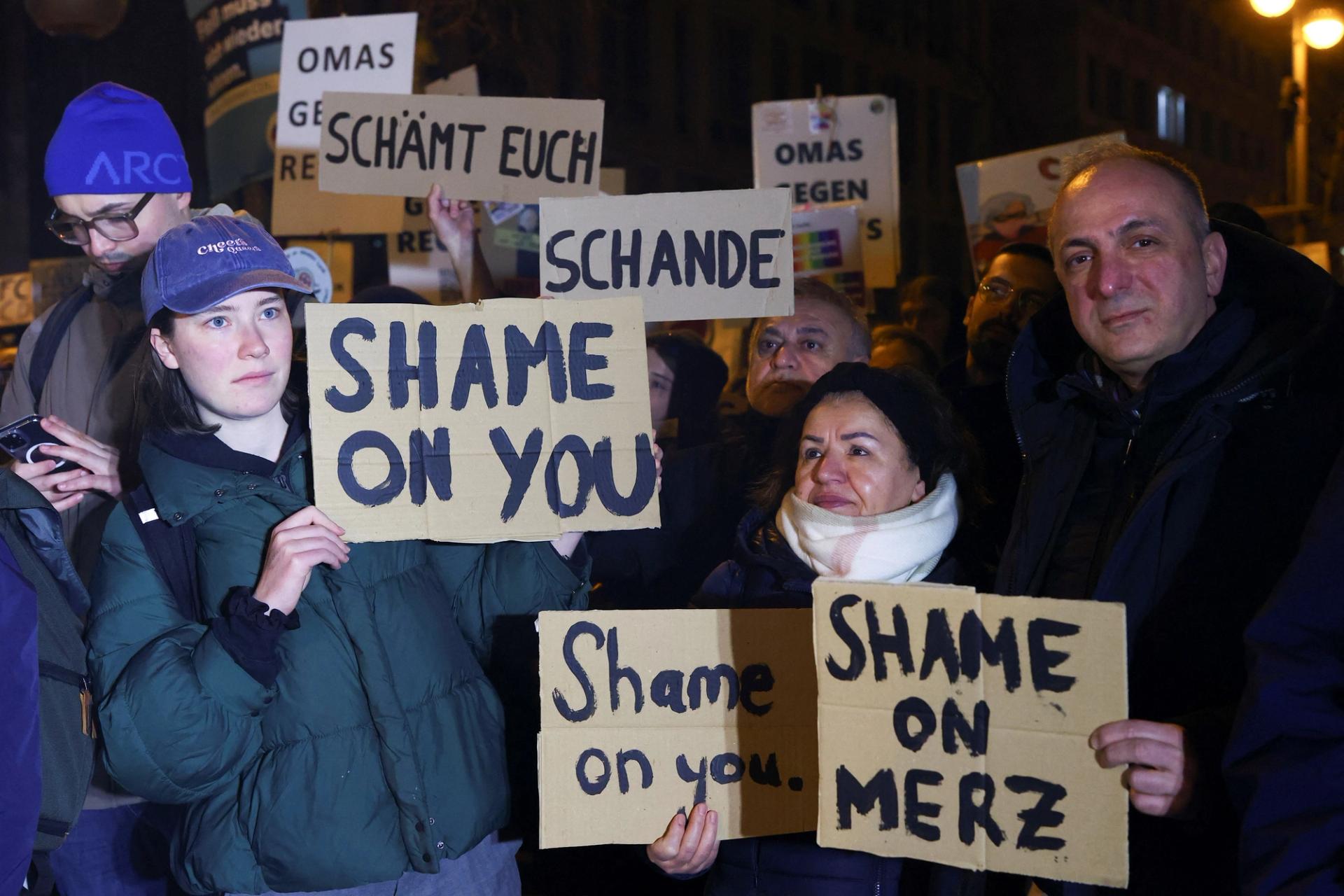 People protest in front of the Christian Democratic Union (CDU) party headquarters.