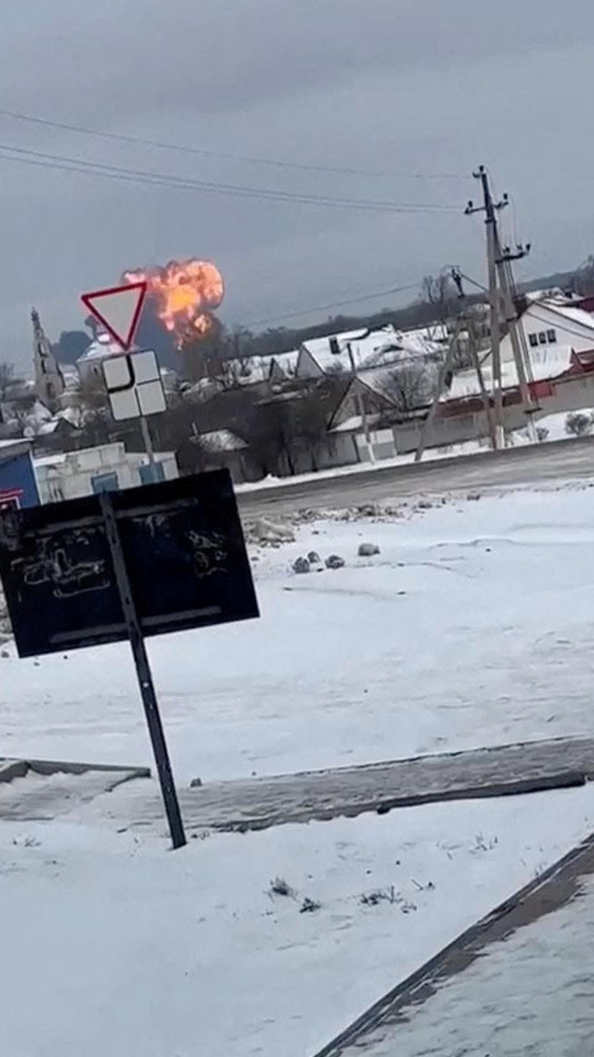 A Russian military transport plane crashes near Yablonovo, Belgorod Region, Russia, January 24, 2024, in this screen grab from a social media video obtained by REUTERS 