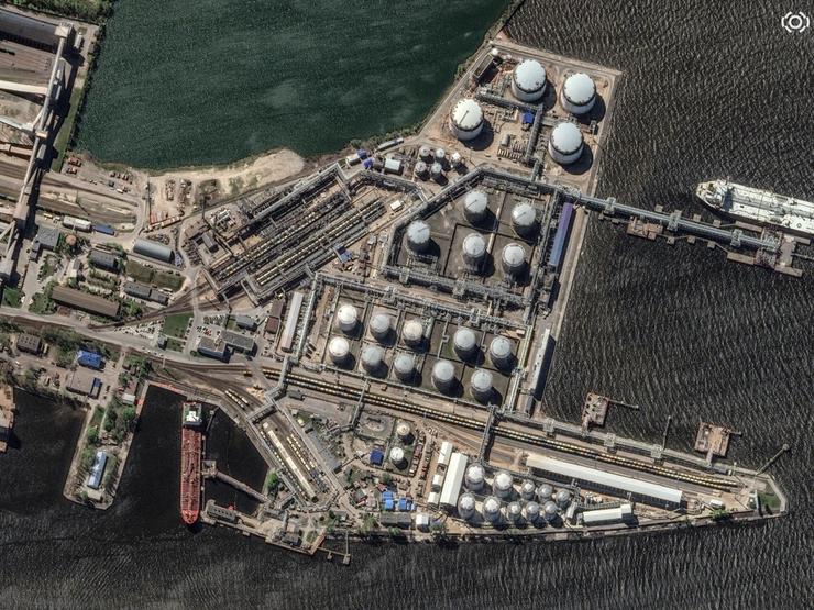 A satellite image shows a Russian oil terminal in St. Petersburg.