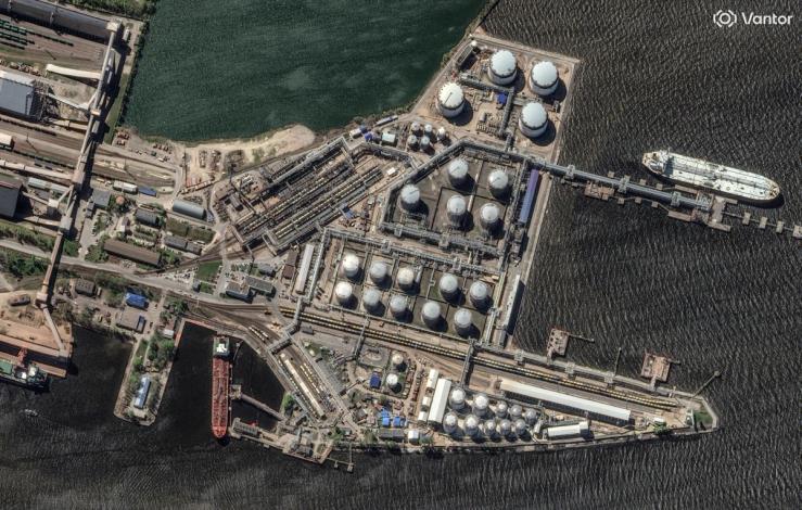 A satellite image shows a Russian oil terminal in St. Petersburg.