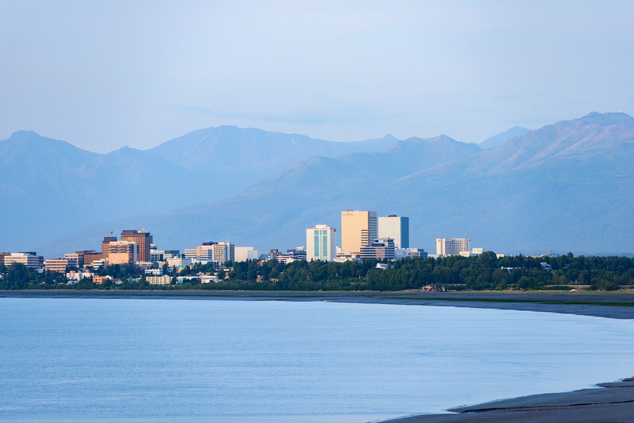 Downtown Anchorage sits on a coastal plain between Cook Inlet and the Chugach Mountains in Alaska. 