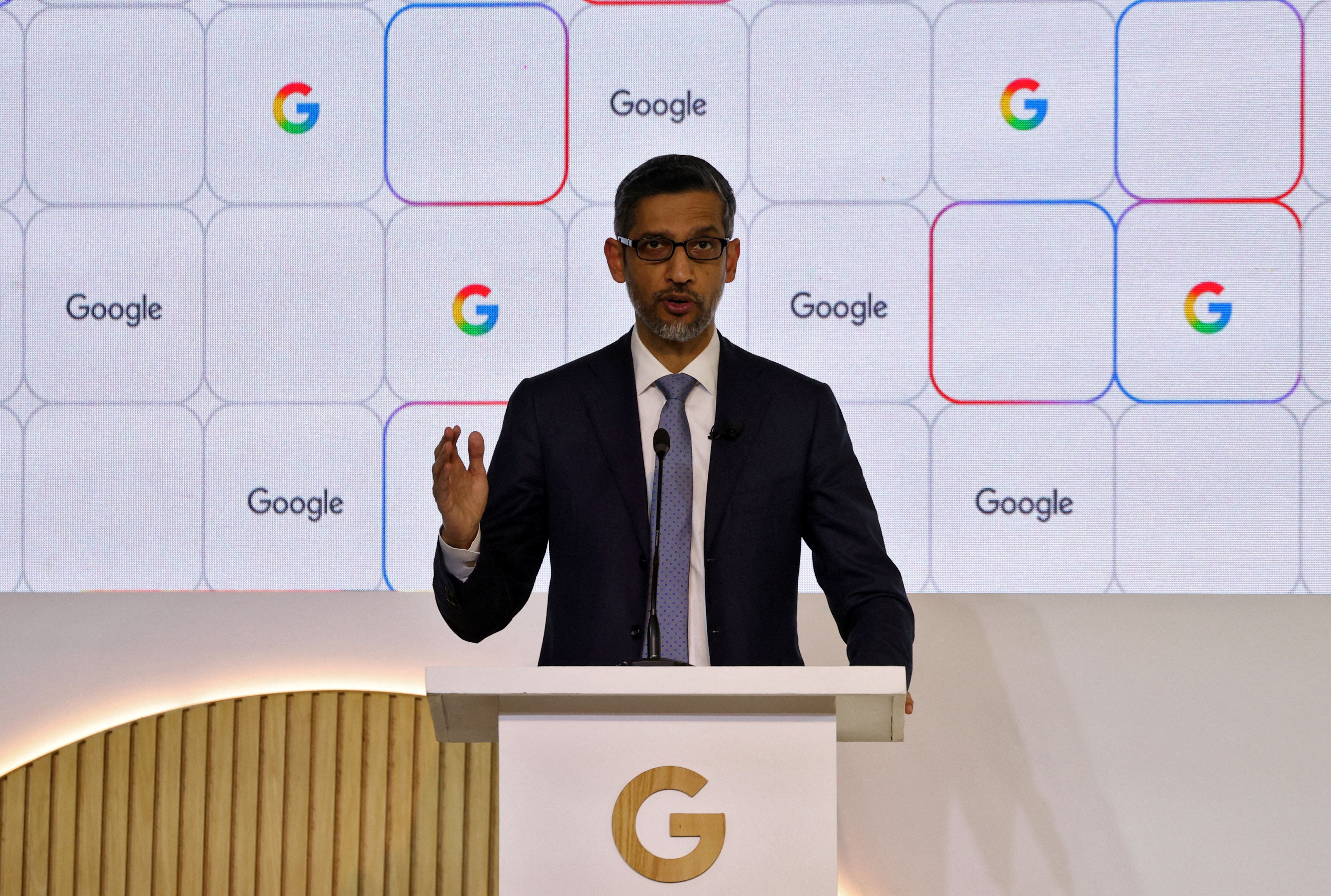 Google and Alphabet CEO Sundar Pichai speaks at a press conference in New Delhi.