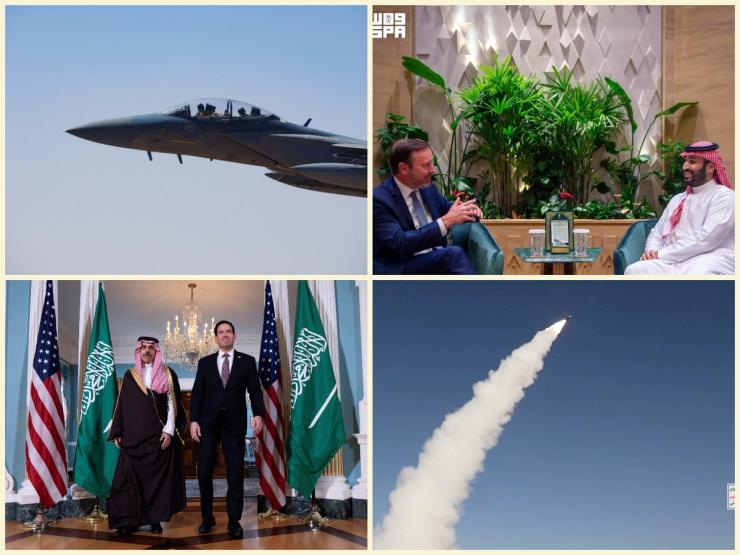 Saudi Arabian and US officials, Saudi fighter jet, and Houthi missile.