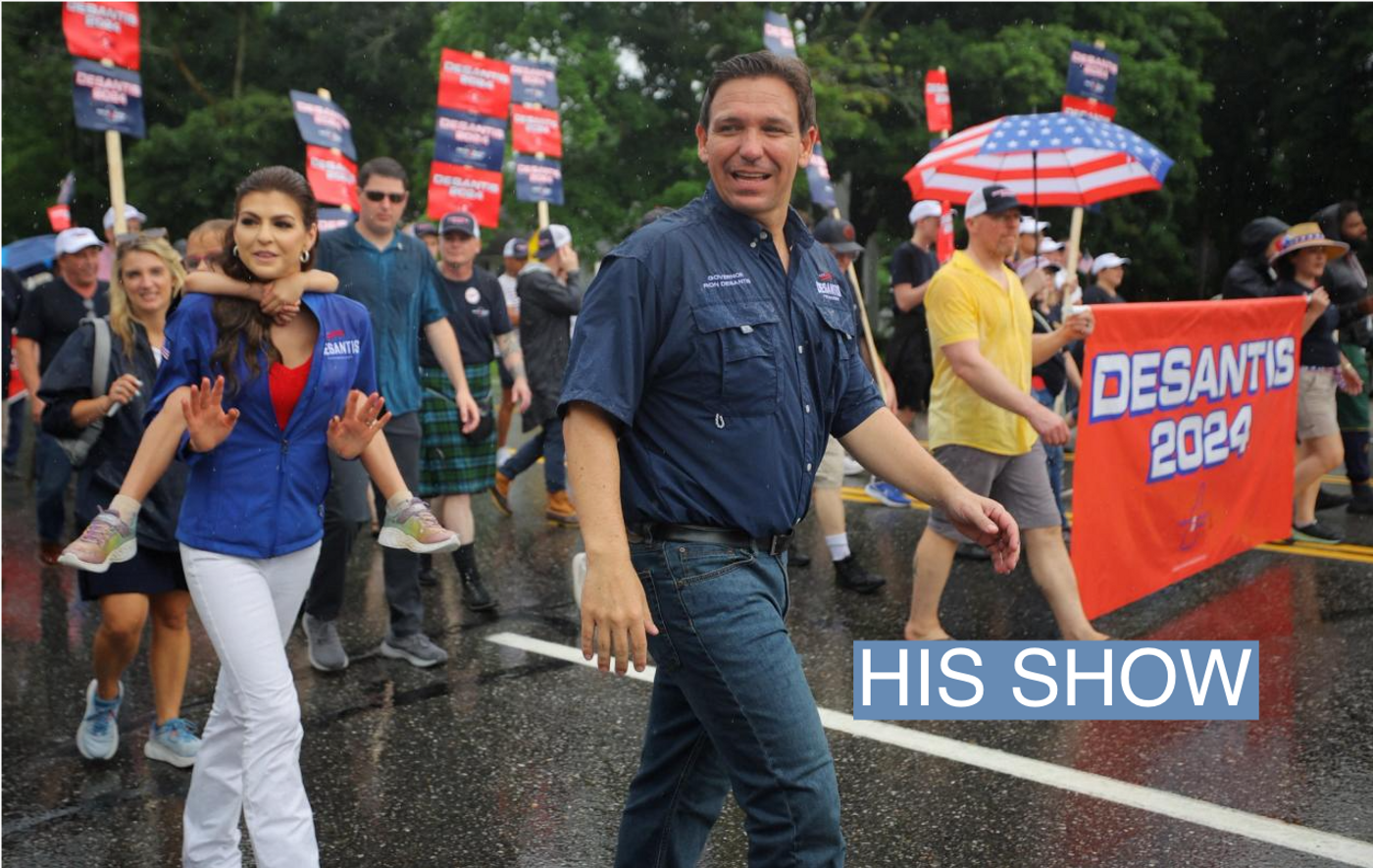 Republican presidential candidate Florida Governor Ron DeSantis, his wife Casey and their daughter Madison walk in the Fourth of July Parade in the rain in Merrimack, New Hampshire, U.S., July 4, 2023. 