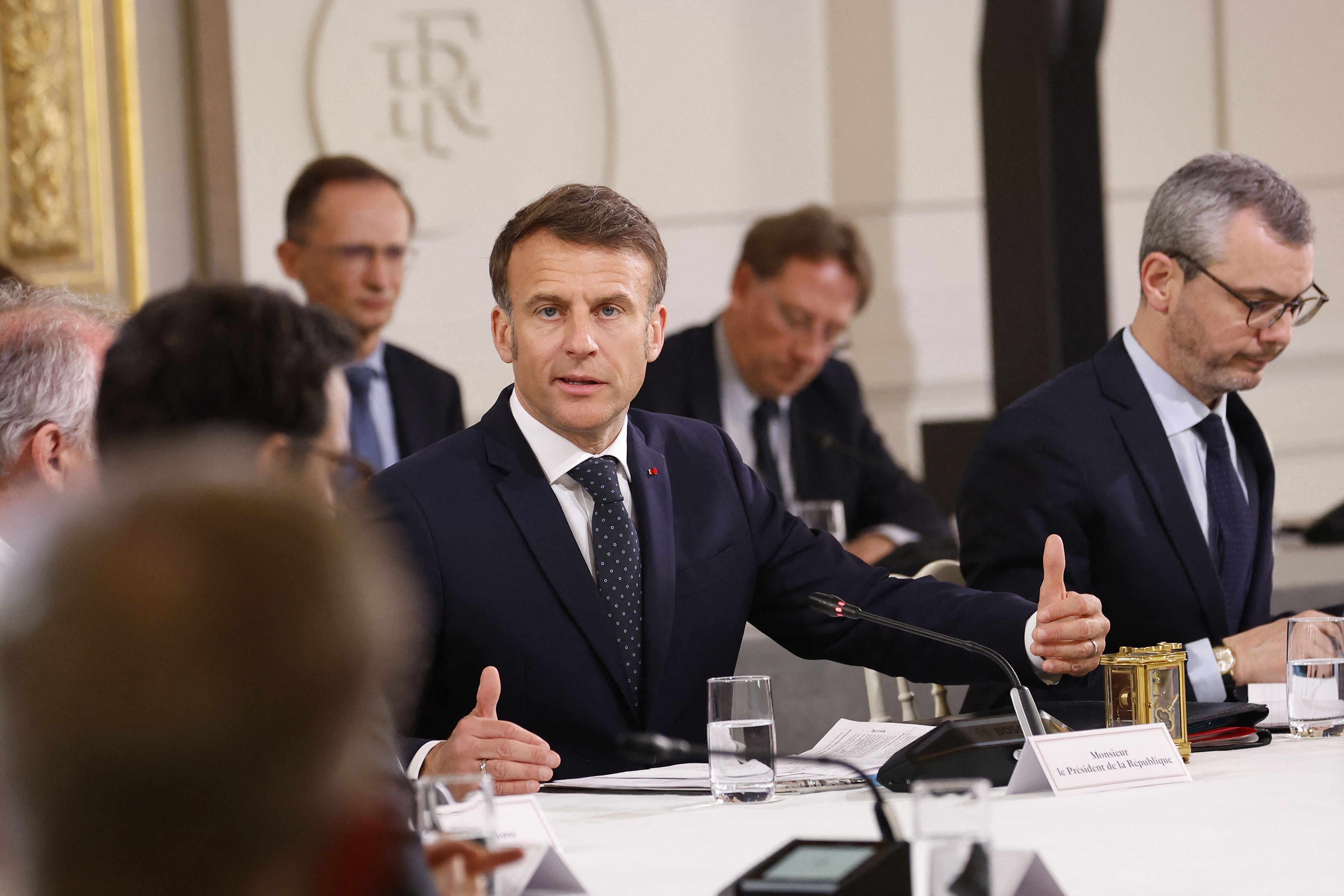 French President Emmanuel Macron at a meeting with representatives of sectors affected by US tariffs. 