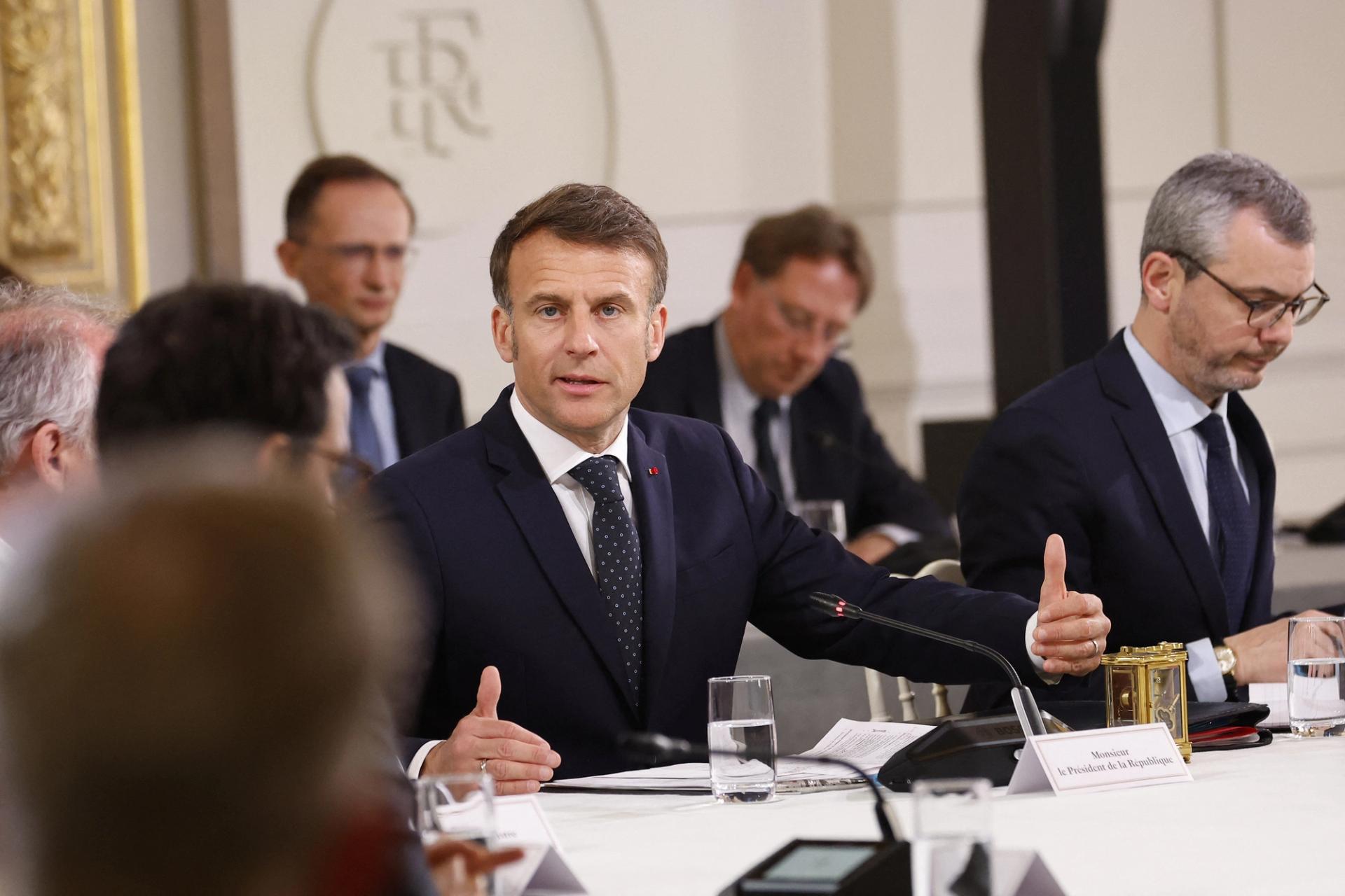 French President Emmanuel Macron at a meeting with representatives of sectors affected by US tariffs. 