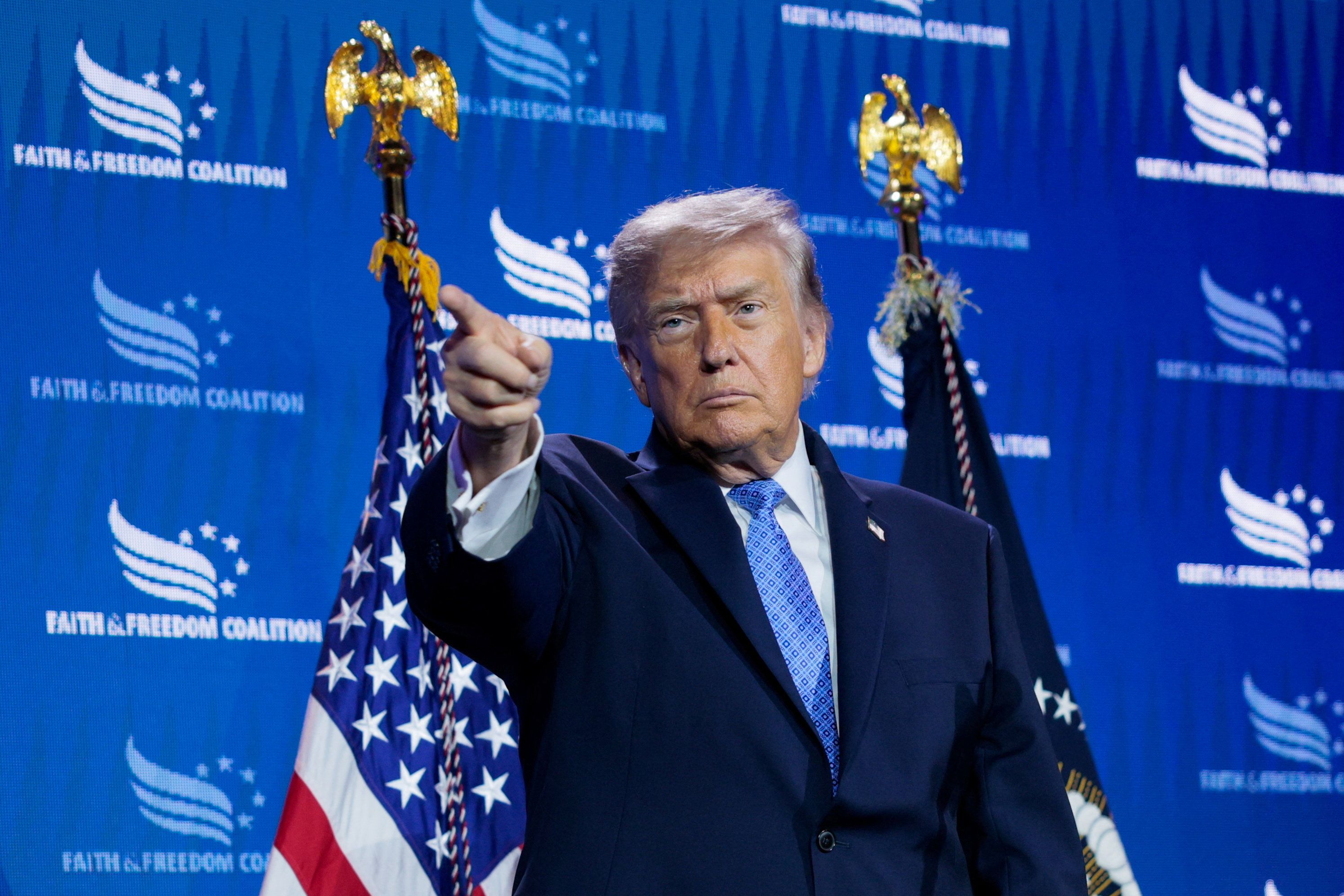U.S. President Donald Trump points his finger during the Faith & Freedom Coalition’s 2026 Policy Conference at the Washington Hilton, in Washington, D.C.,