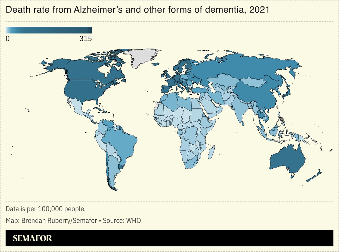 Map showing death rate from Alzheimer’s and other forms of dementia